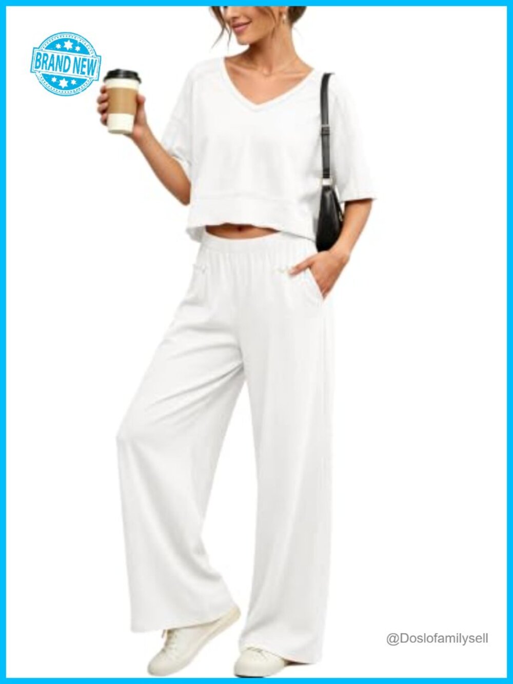 Panadila 2 Piece Lounge Set V Neck Crop Top Wide Leg Pants Cotton Blend